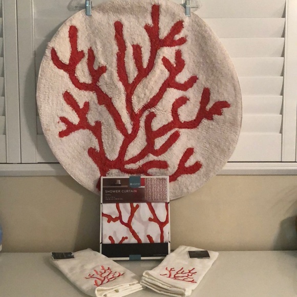 Target Home Other - Coral Shower Curtain, Rug & (2) Hand Towels